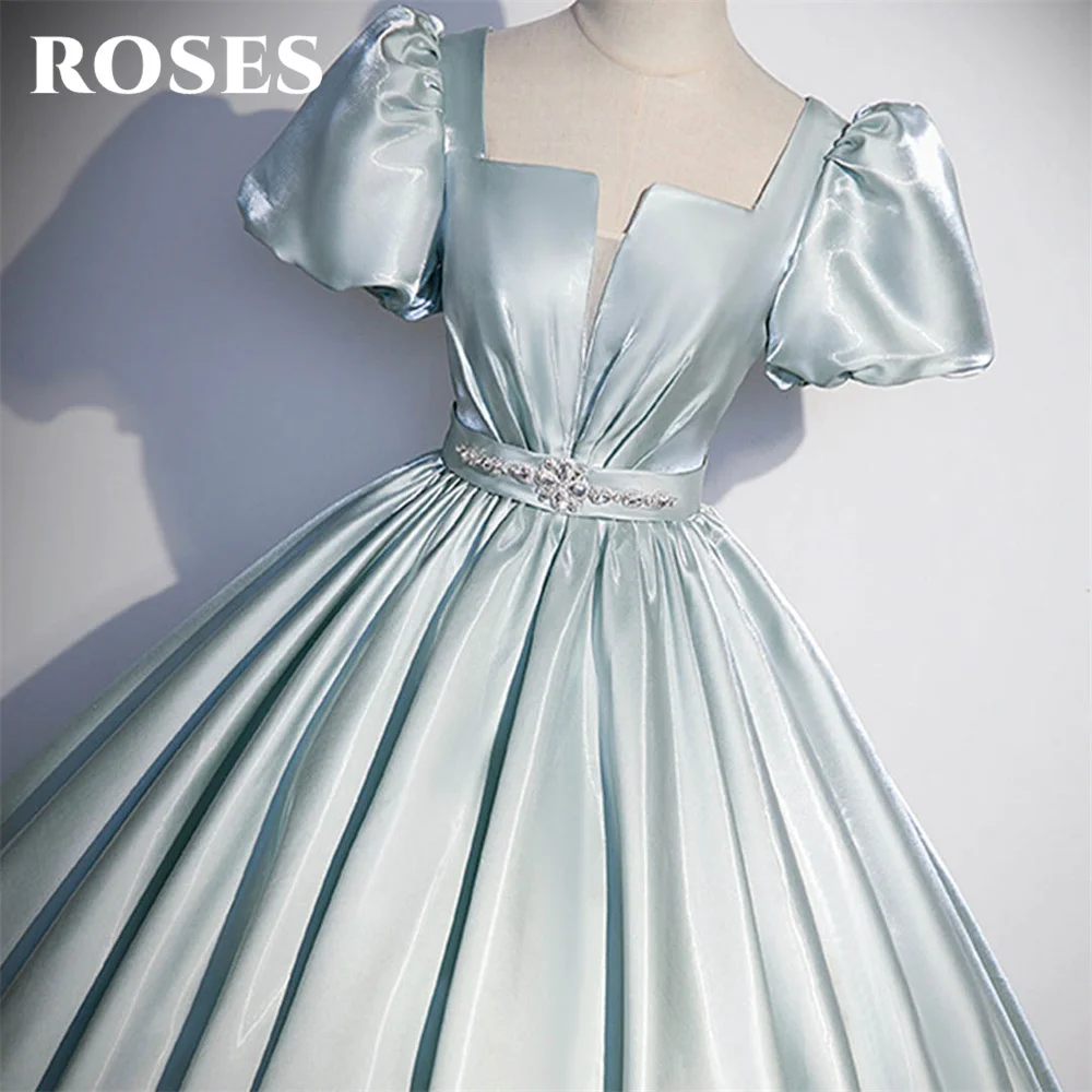 ROSES Light Blue Chic Woman Evening Dress Gown Stain Short Sleeve A Line Ball Gown Lace Up Back Night Dress Gown robes de soirée