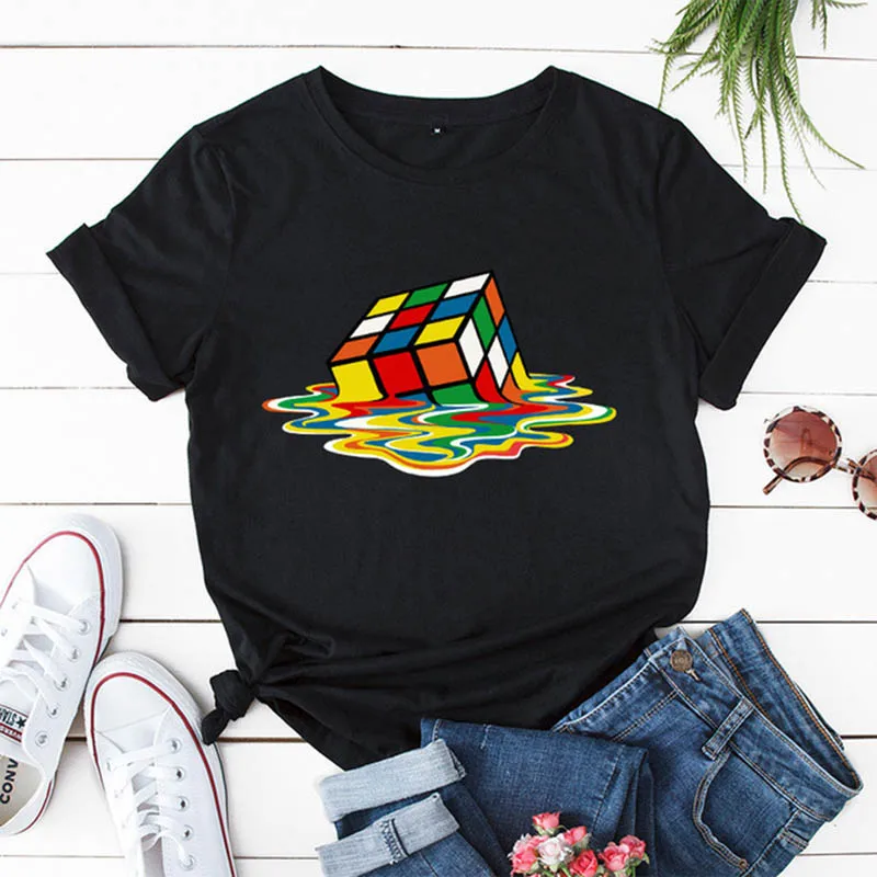 2024 Summer Loose Women's T-Shirt High Quality Rubik's Cube Pattern Printed Short Sleeve Plus Size Women's Short Sleeve T-Shirt