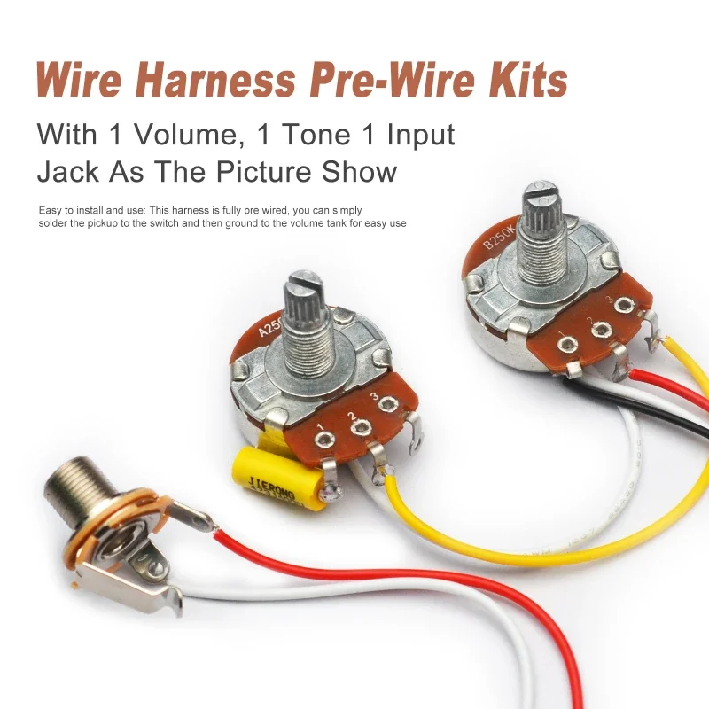 Electric Guitar Wiring Harness Kit, 2x A250k Pots with 1 Volume 1 Tone Control Knobs, 1x 1/4