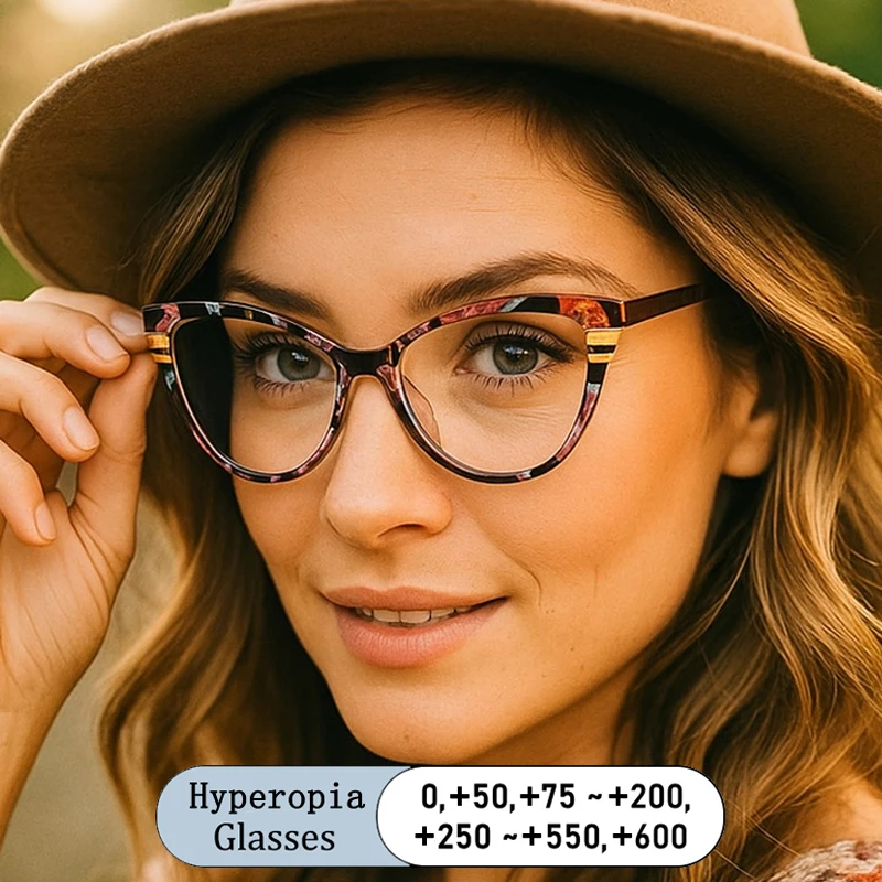

Brand Design Cat Eye Floral Prints Frame Hyperopia Eyewear Photochromic Anti Blue Light Computer Women Reading Glasses 0 +1 +1.5