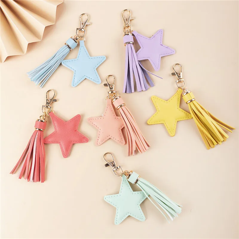 Trendy Colorful Five-Pointed Star Tassel Keychain Leather Pu Key Ring Fashion Women\'s Handbag Accessories Jewelry Gifts