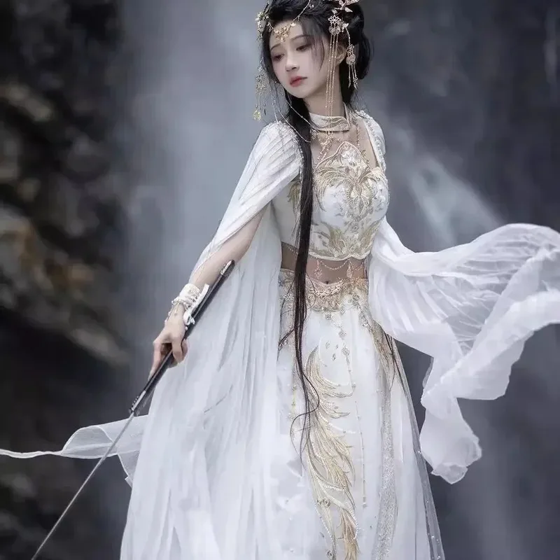 

Костюм с вышивкой Han Element Hanfu, экзотический очаровательный жетон Saintess Dunhuang, стиль Xianxia, белый полный комплект