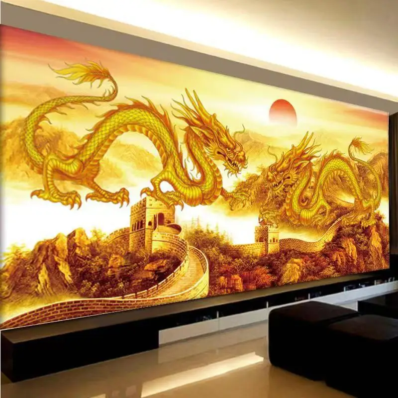 60x150cm DIY Diamond Painting Full Round Drill Two Golden Dragons Great Wall Diamond Embroidery Chinese Dragon Mosaic Picture Of