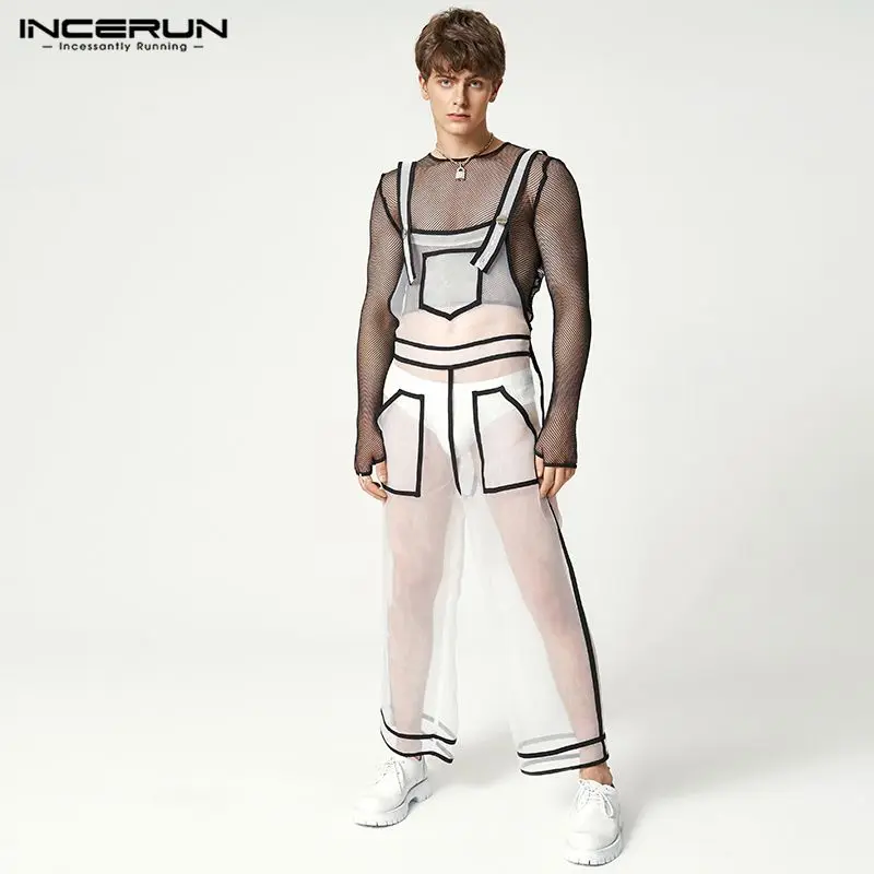 INCERUN Men Jumpsuits Mesh See Through Sexy Patchwork Pockets Sleeveless Straps Rompers Streetwear 2023 Fashion Men Overalls 5XL