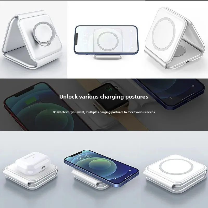15 W 3-in-1 faltbare magnetische Powerbank und kabelloses Ladegerät – Autoaufladung, Apple-Schnellladung, Sprühgummi-Ölbeschichtung