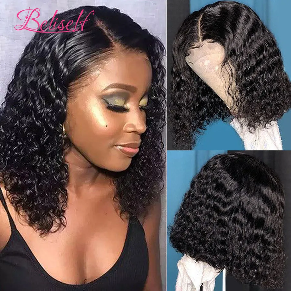 Perruque Bob Lace Wig sans colle naturelle, cheveux humains, Deep Wave, 4x4, 13x4, pour femmes