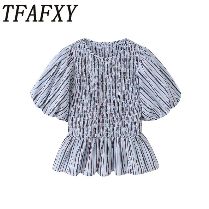 

TFAFXY 2026 Summer Elegant Casual Chic Women Stripe Blouse Short Puff Sleeve O-Neck Ruched Slim Blouse Fashion Holiday Blouse