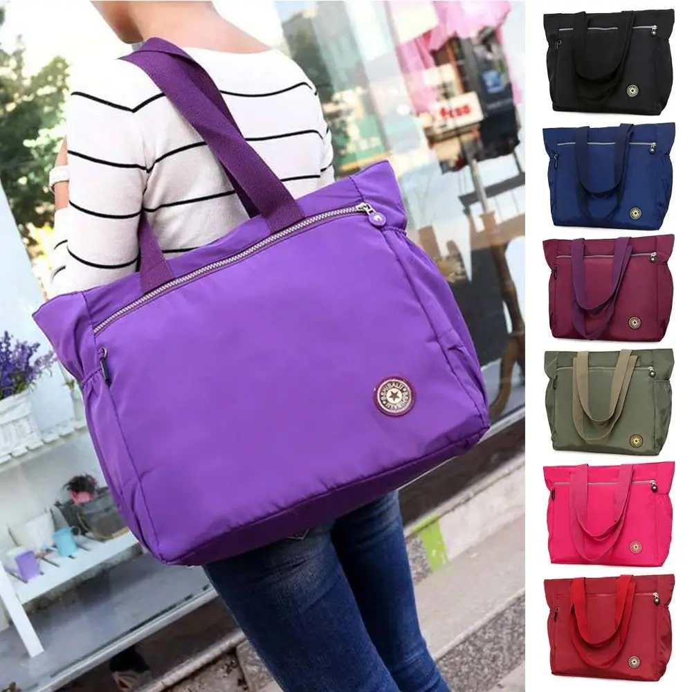 Women Nylon Tote Bag Fashion Handbag Large Capacity Shopping Bag Solid Color Ladies Purse Pouch Shoulder Bag