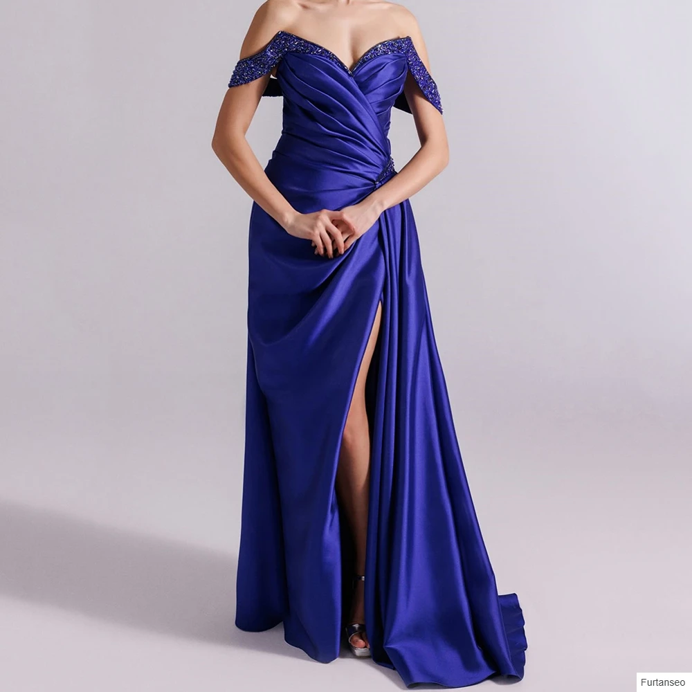 

Customized Mermaid Evening Dresses Floor-length Off The Shoulder Sleeveless Prom Gown Fashion Sequined Pleat Draped Party Gown