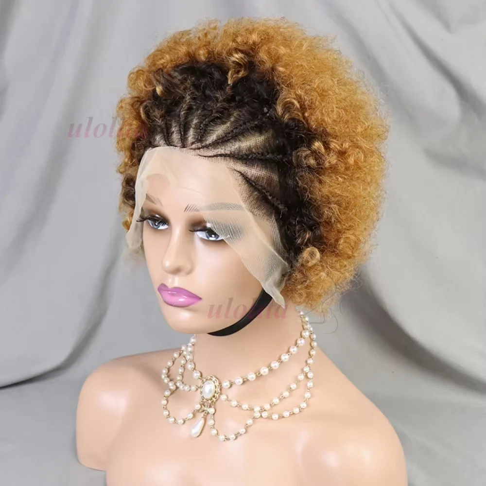 Highlight Ombre Geflochtene Perücken Echthaar Afro Puff Lace Frontal Haarperücken Afro Kinky Curly Echthaar 13x4 Lace Front Vorgeflochten – Detail 30
