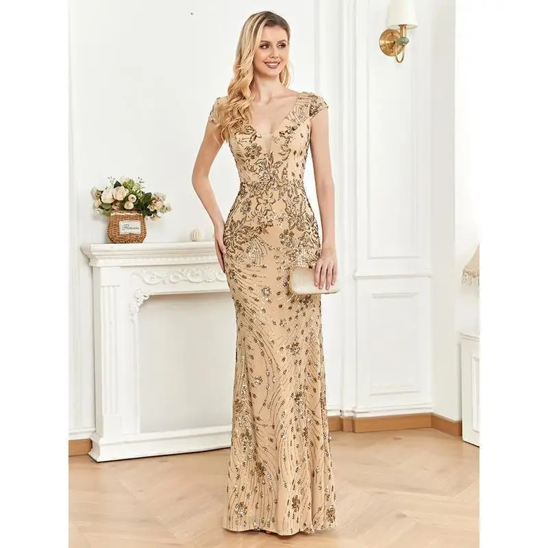 

Ele ort Sve Sequin Evening Gown for Women Cross-Border New Sle iny Ladies ort Sve Evening Dr