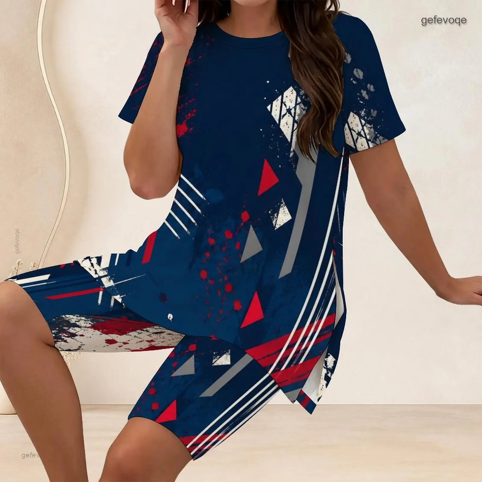 Women 2 Piece Outfit Round Neck Short Sleeve Split Side Long T Shirt With Biker Shorts Set Custom Print Ladies Casual Loungewear