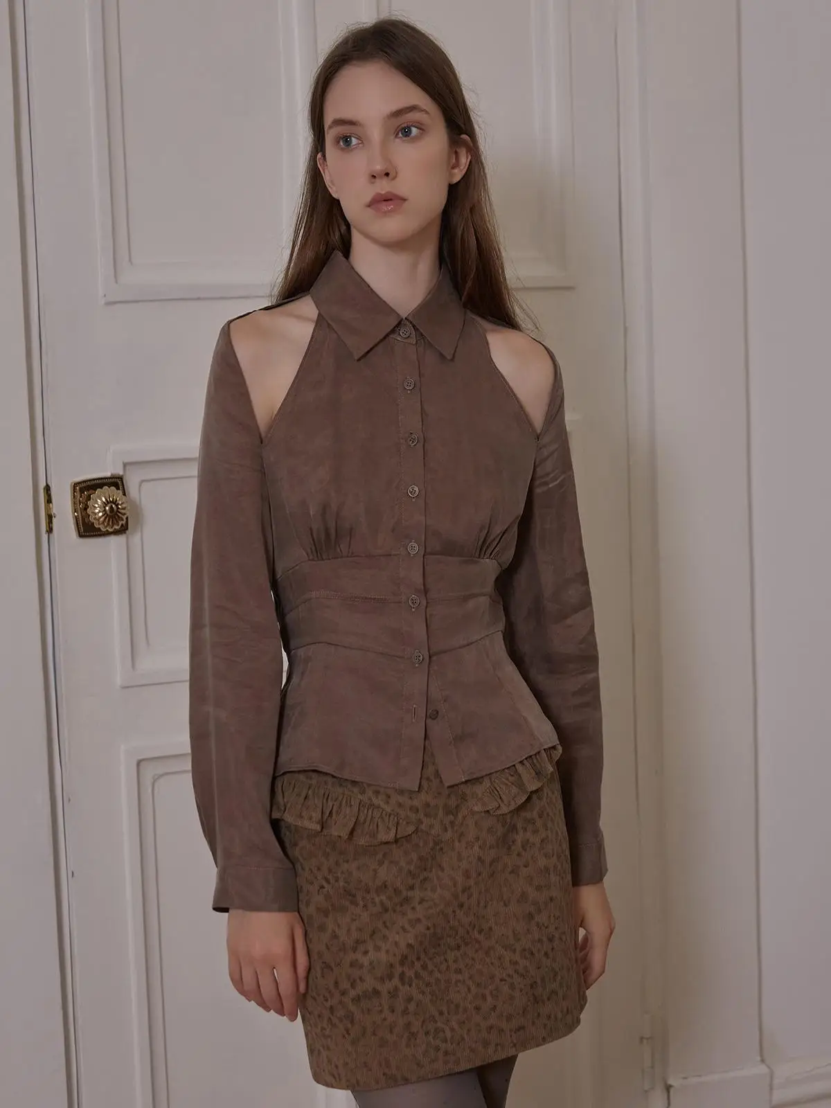 

French Sle Slim Fit Long Sve irt Women's Breathable Comfortable Ruffle Hemline Double Sided oulder Bared Waist Cinched