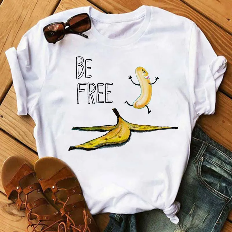 Funny Fruits T Shirt Women Fashion Banana Print White T-shirt Harajuku Sleeves Top Shirt Femme Harajuku Sleeve Aesthetic Clothes