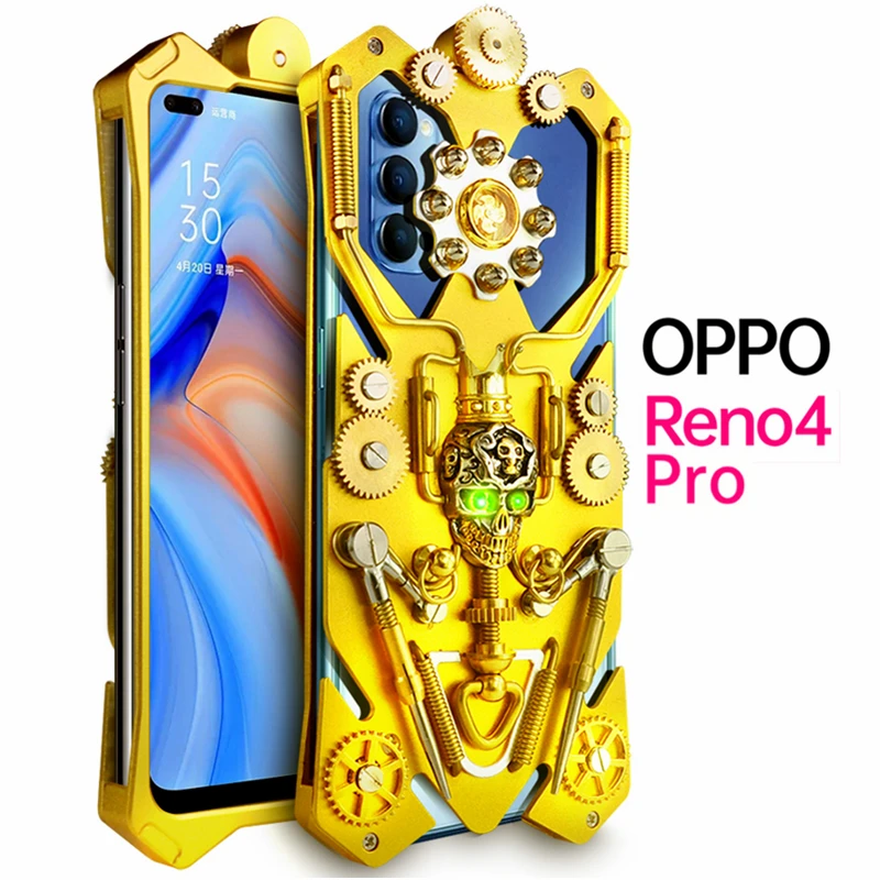 

Original Luxury Armor Metal Aluminum Phone Cover For Oppo Reno 5 4 Pro Case Mechanical Gear Purely Handmade Skull Phone Shell