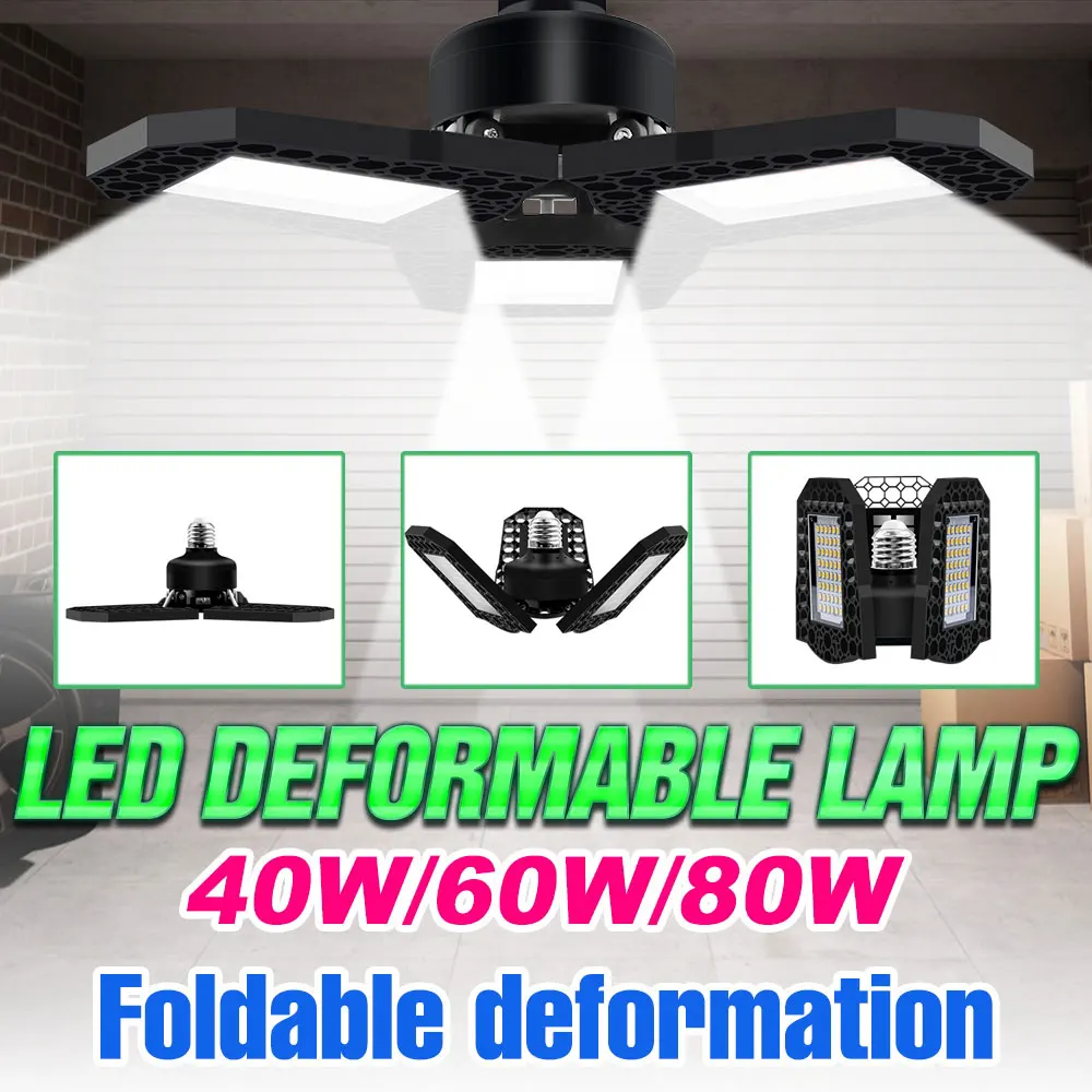 

E27/E26 LED Garage Light Bulb Foldable Deformable Ceiling Lamp 40W 60W 80W Spotlights AC85-265V For Warehouse Workshop Basement