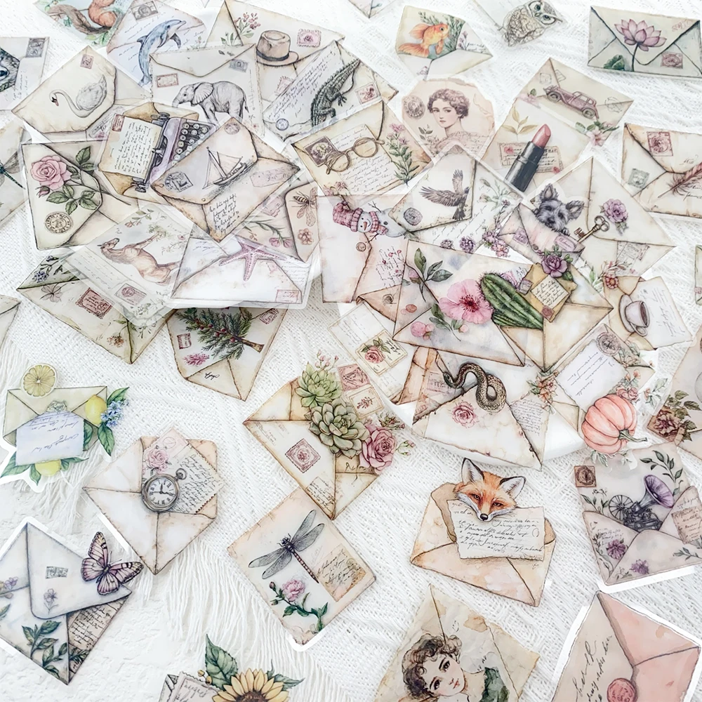 

50pcs Vintage Envelope Transparent PET Stickers Decals For Phone Laptop Notebook Helmet Suitcase DIY Aesthetic Creative Stickers