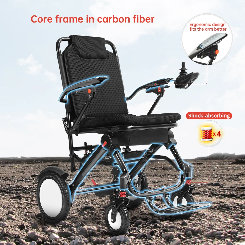 

Внедорожная гладкая инвалидная коляска из углеродного волокна, легкая, 15 кг, для путешествий, легкая складная электрическая инвалидная коляска