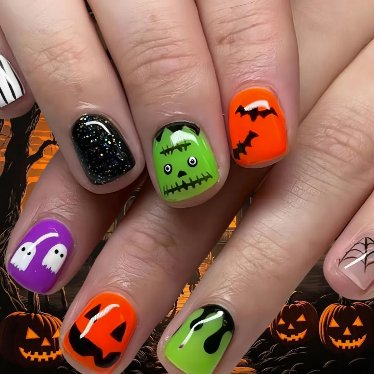 

24PCS Halloween Short Bright Nail Stickers Funny and Cute Fake Nails Halloween Funny Faces Unisex Wearing Armor Press on Nails