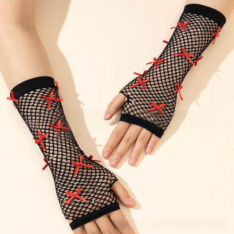 

Bowknot Arm Gloves Women Fingerless Gloves Sexy Club Arm Sleeves Party Handwear Fishnet Gloves Music Festival Gloves