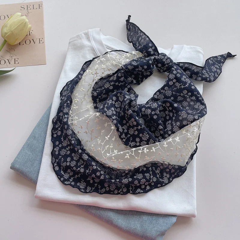 

Vintage artistic embroidered lace patchwork scarf women, summer cotton breathable photo shoot headscarf, small neck