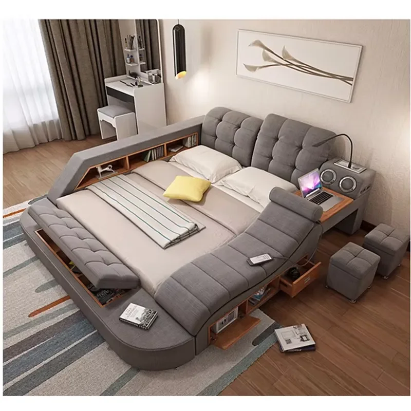 European Style Soft Leather Bed Retractable Massage Modular Multifunctional Storage Bedroom Furniture Factory Price Wholesale