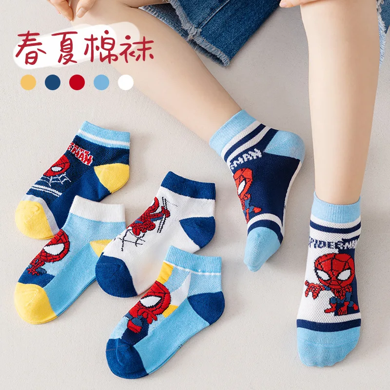 5 Pairs Children Socks Spiderman Anime Kids Boys Short Sock Cartoon Baby Summer Spring Breathable Casual Soft Mesh Socks 1-12Y