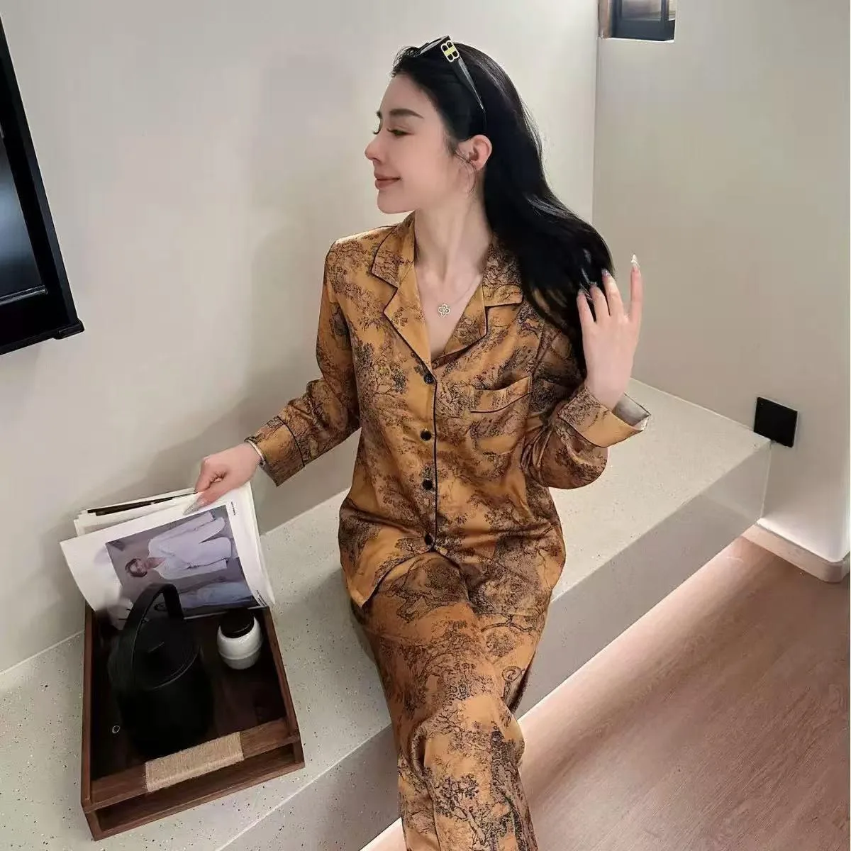 2026 New Women's Pajamas For Spring And Autumn Light Luxury Yellow Ink Print Home Wear Set Can Be Worn Outside Pyjamas