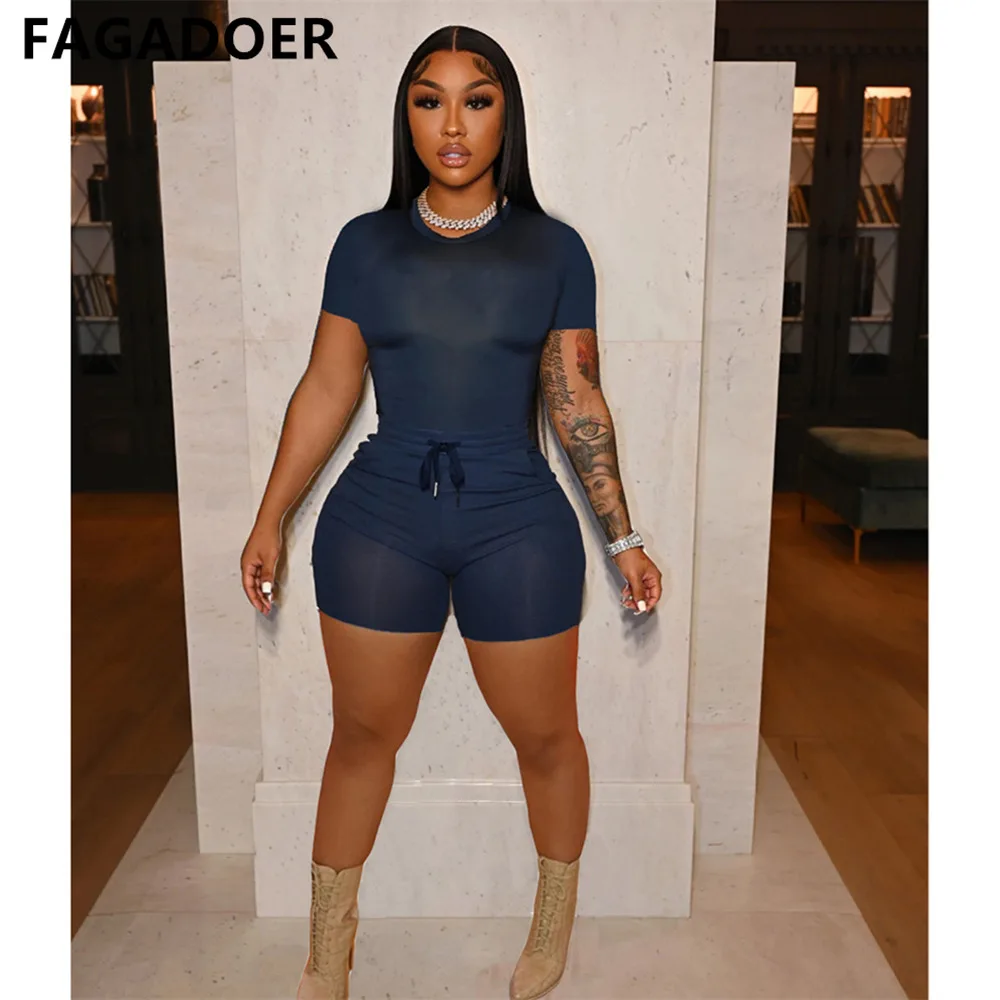 FAGADOER Solid Color Short Sleeve Crop Top and Pockets Biker Shorts 2 Pcs Set Sexy Slim Summer Fashion Outfit Casual Streetwear