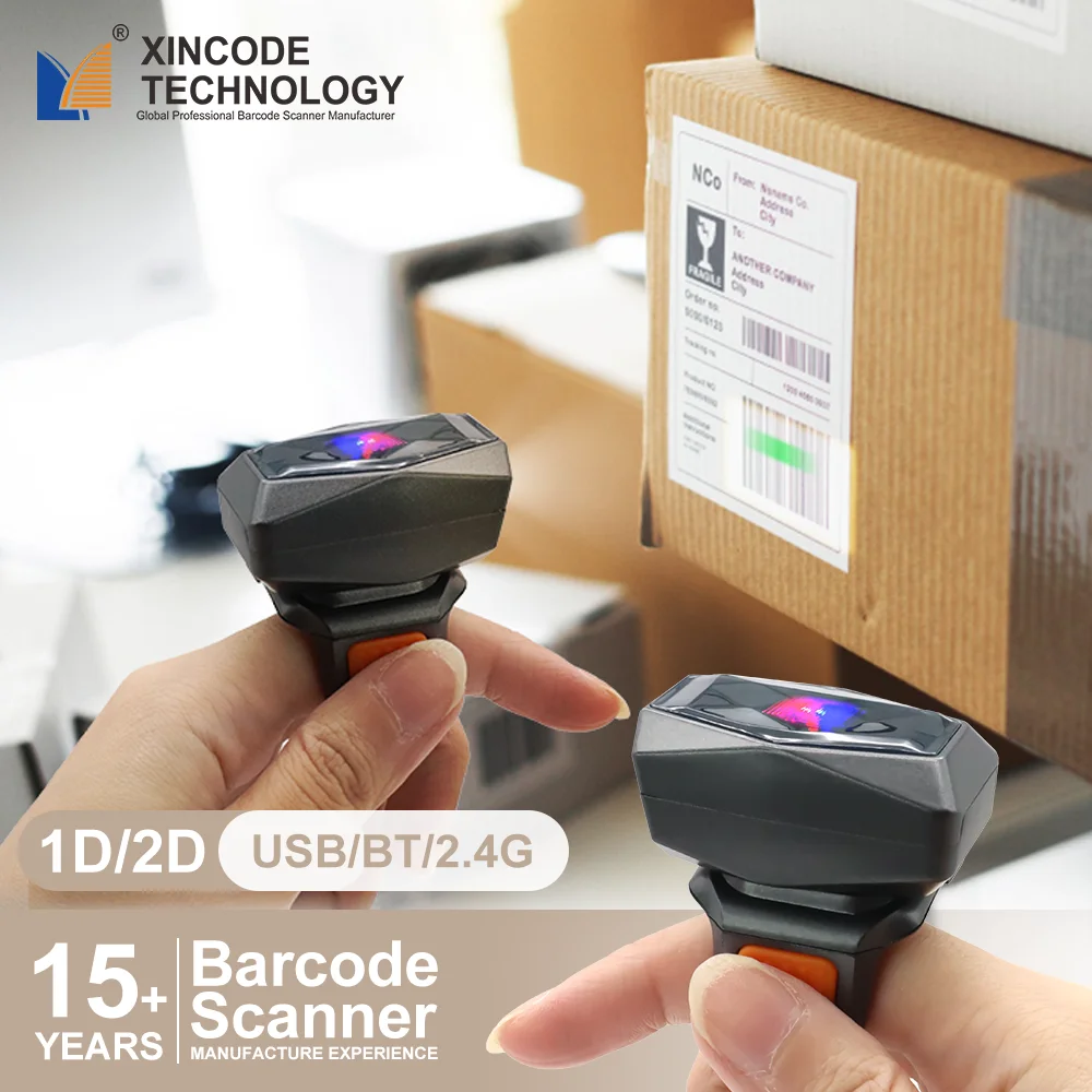 Xincode Wireless Bluetooth Portable Finger Barcode Reader Mini 2D Bar Code Scanner Ring Scanner Image CMOS Barcode Scanner