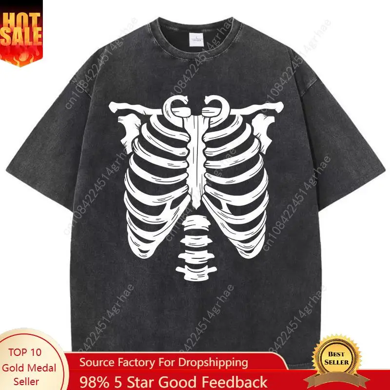 

Vintage washed high-quality cotton men's T-shirt with skull pattern summer crew neck short-sleeved top