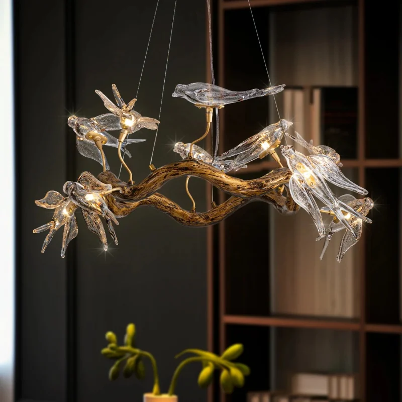 Nordic Luxury All Copper Swallow Glass LED Pendant Lamp Restaurant Hotel Study Tea Room Chandelier High-end Home Decor Lighting