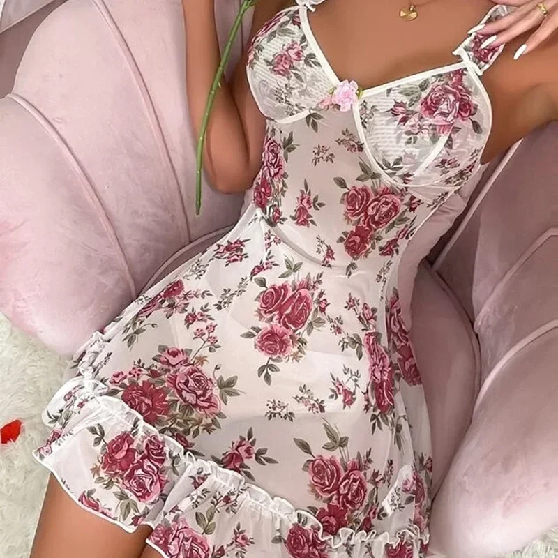 Top Fashion Sexy Spaghetti Strap Floral Short Skirt See Through Night Dress Womens Nightgown Sleepwear Lingerie Sleeping Dress