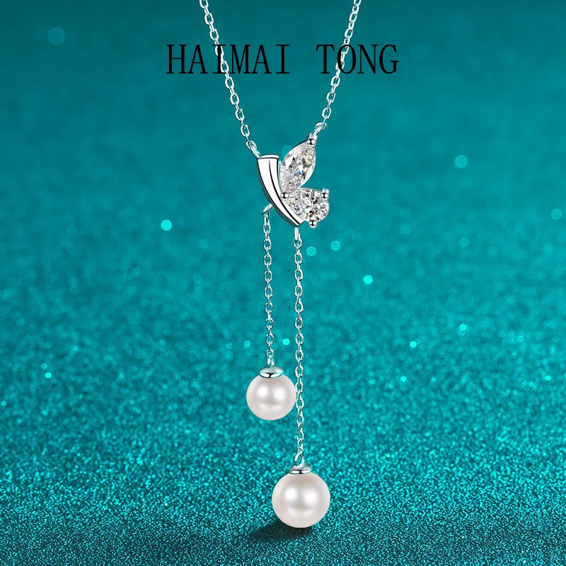 

HAIMAITONG Necklace for women Inlaid Moissanite freshwater Pearl choker pt950 platinum