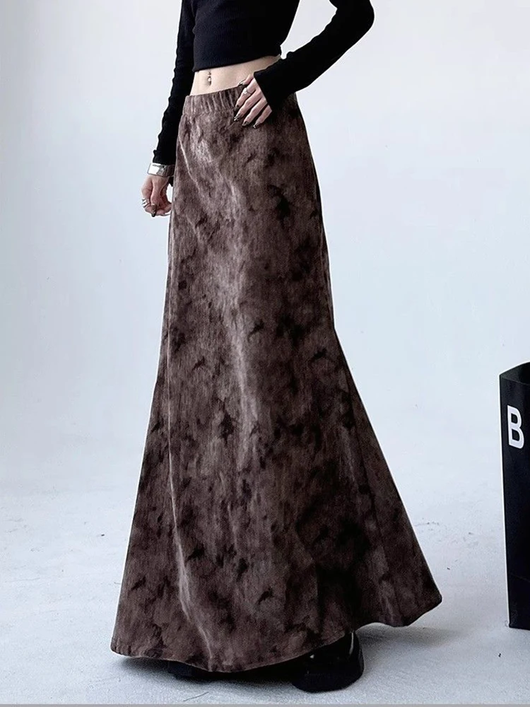 Women Vintage Long Skirt Autumn Winter High Waist Harajuku Streetwear Skirts Y2K Print Korean Simple Office Lady Retro Skirt New
