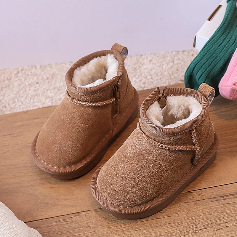 High Quality New Suede Leather Snow Boots For Kids Girls Boys Solid  Winter Zip Ankle Boots For 0-6years Children Woman Shoes