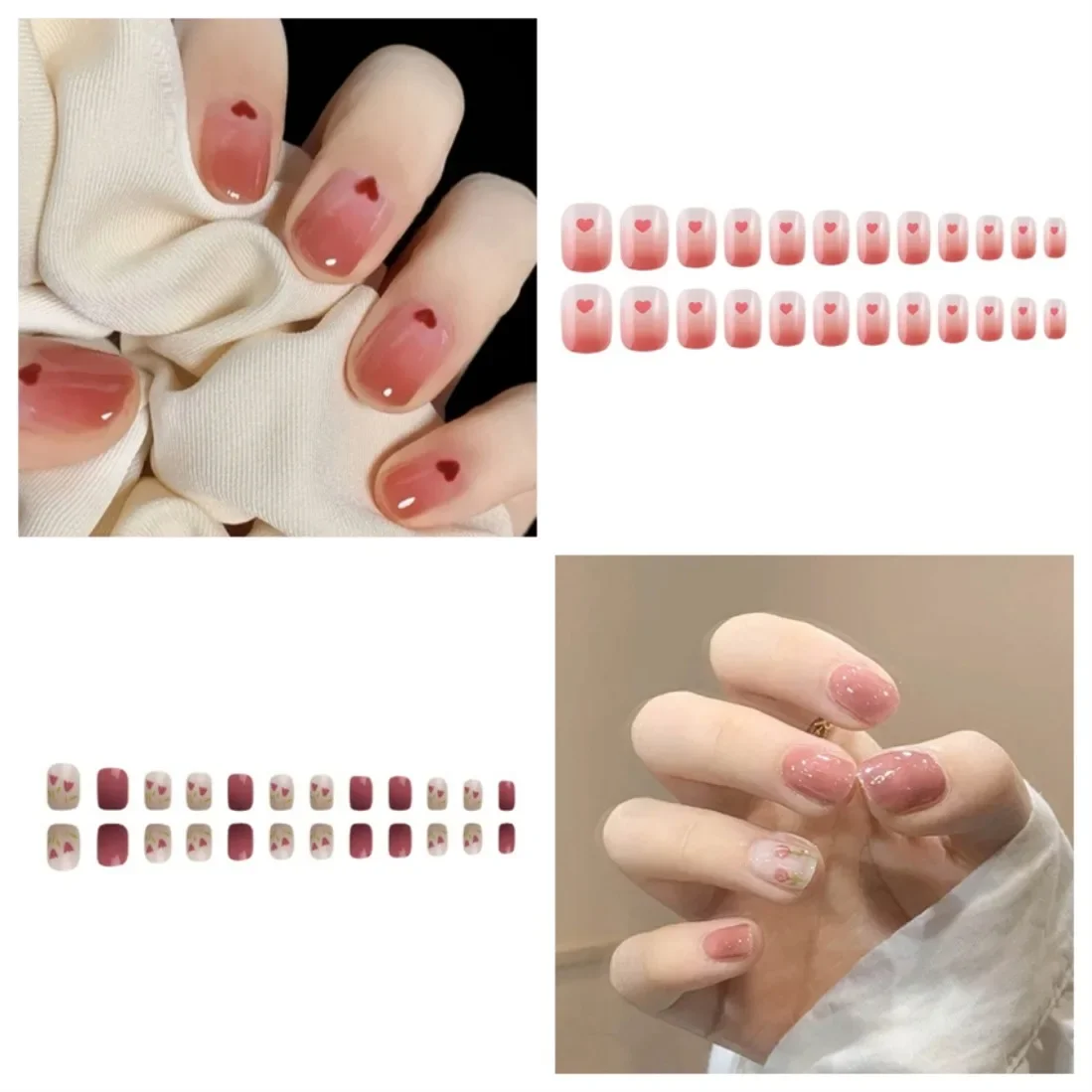 48ps Nail Art Fake Nails Full Coverage Removable Press On False Nails Medium Long Square Head Pink White Flame Nail Designs tips