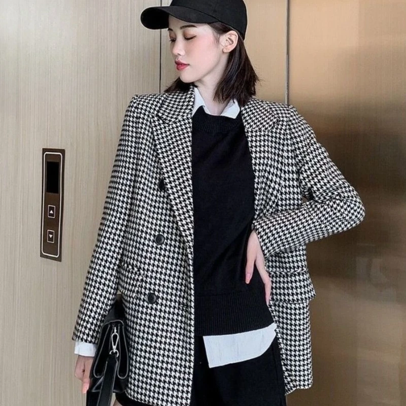 レディースプラスコットン厚手ツイードコート、チェック柄ミドル丈ウールオーバーコート、秋冬プチレディースファッショナブルドレスアップ