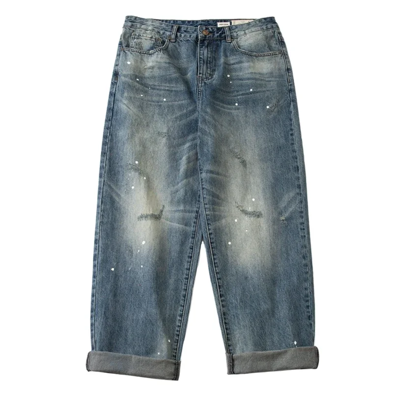 

Water Wash Splash Paint Dot Moustache Effect Hole Make Old Straight Tube Young Men's Versatile Jeans Trendy