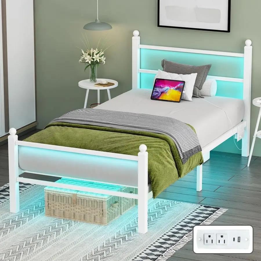 

Twin Bed Frames with Headboard and Footboard,White Metal Platform Bed Frame with RGB LED Lights and USB Charging Station,Under