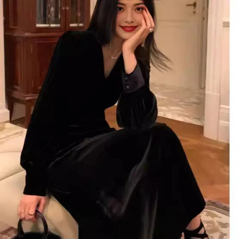 

Весна 202, женское высококачественное облегающее платье миди с изящным воротником и талией, черное бархатное платье в стиле ретро