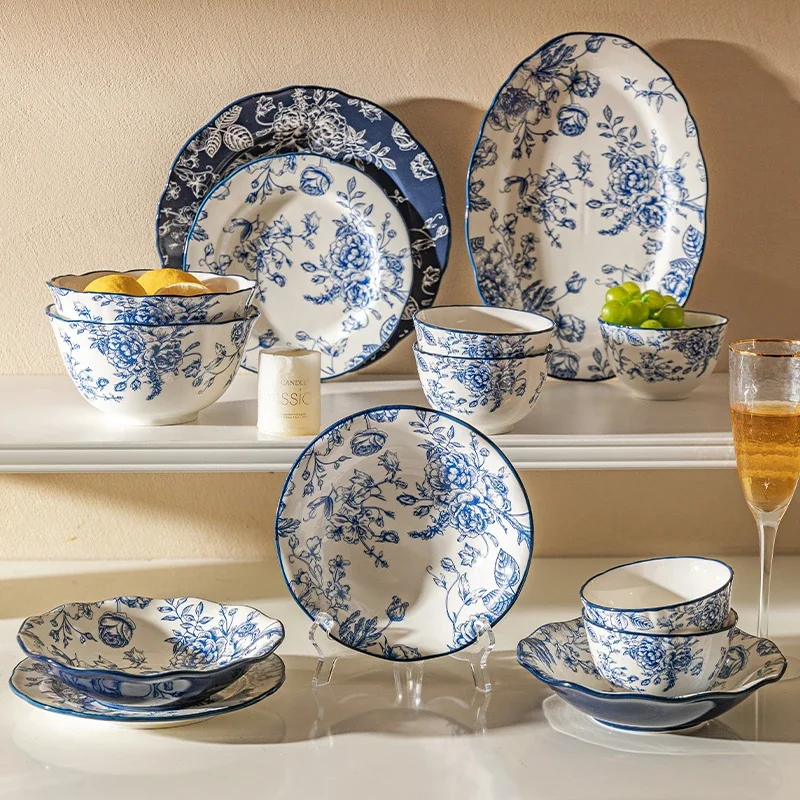 Pastoral Style Plate Set Plant Flowers Series Dinner Plate Steak Pasta Dishes Dessert Salad Soup Tableware Vintage Ceramic Plate
