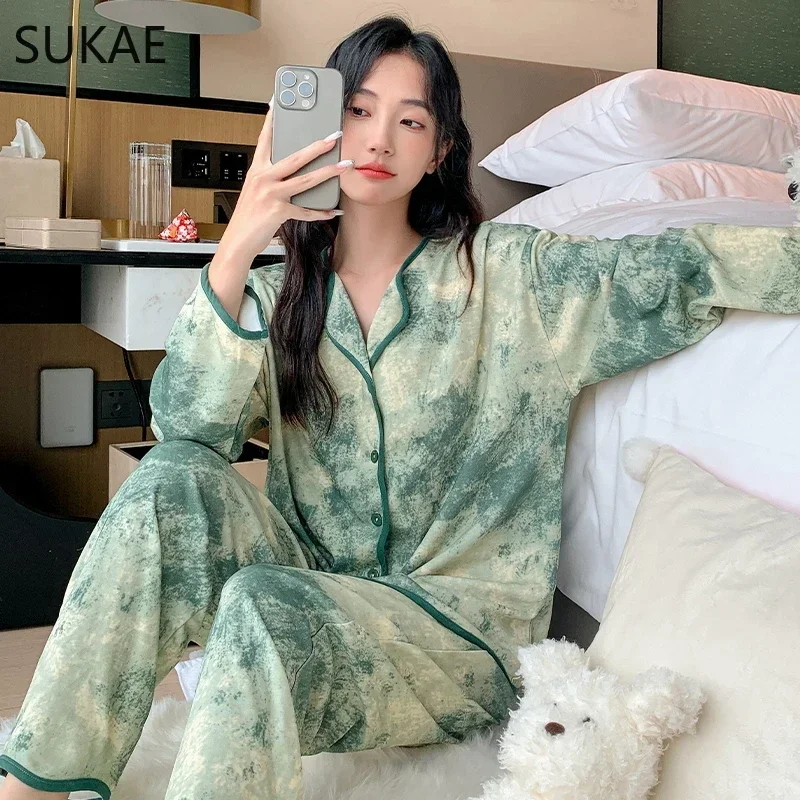 SUKAE M-5XL Autumn Winter Women\'s Sleepwear Home Clothes Cadigan Long Sleeves Pajamas Set Cute Cat Printed Lady Lapel Pijamas