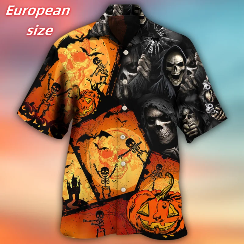 

Dog Bat Spider Pattern Hawaiian Shirt For Men Skull Halloween 3D Printed Blouse Summer Short Sleeve Lapel Tops Aloha Shirts