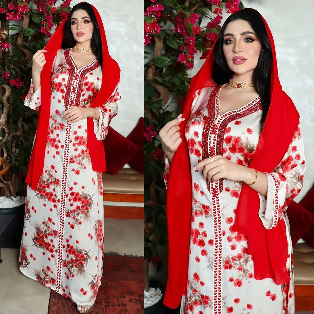 2022 spring Floral Print Muslim Abaya Dress Women diamond Dubai Arab Turkey Morocco Kaftan Islamic Clothing Gown Robe Vestido