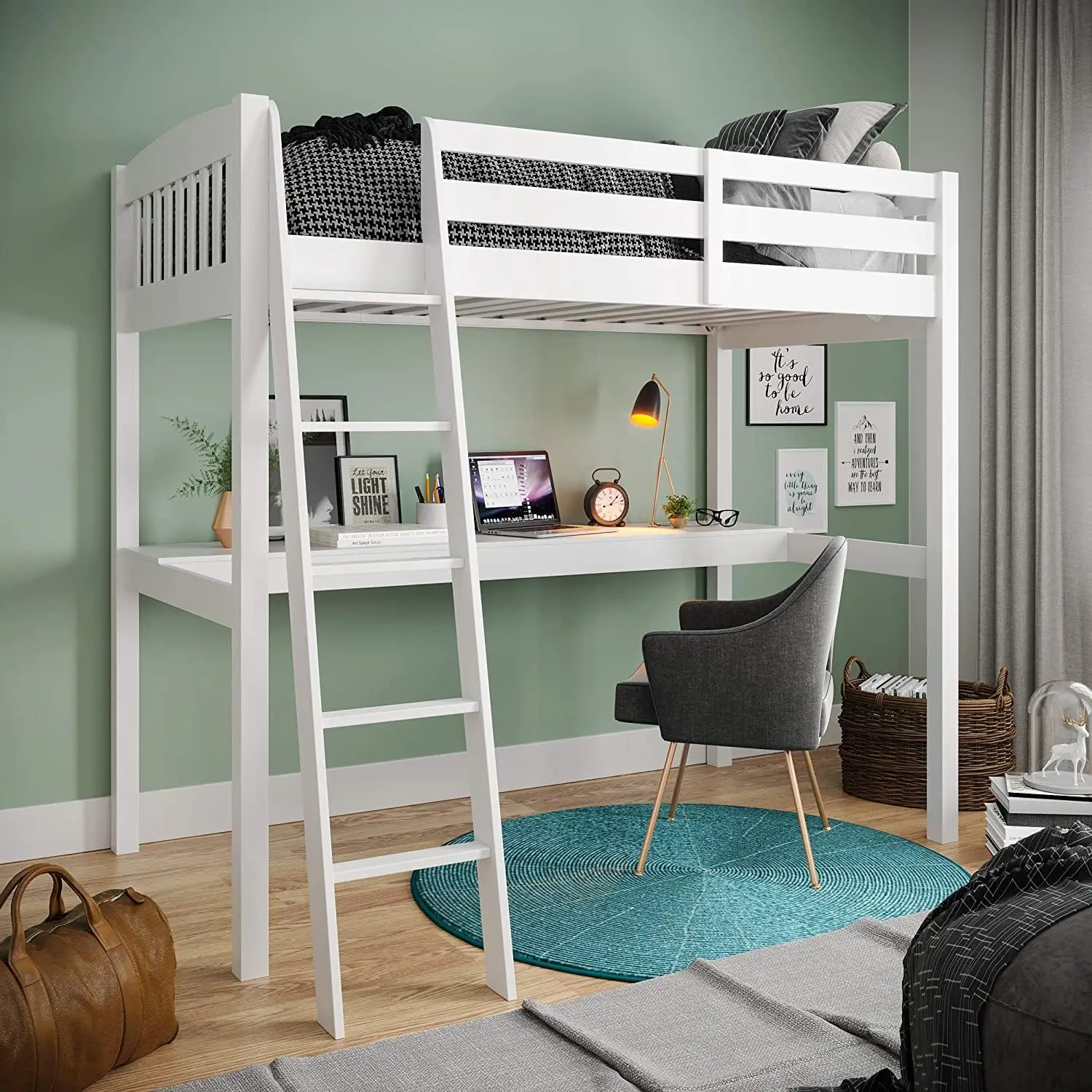 Everest Grey High Loft Bed with Desk and Storage, Heavy Duty Solid Wood Full Size Loft Bed Frame with Stairs for Kids and Toddle