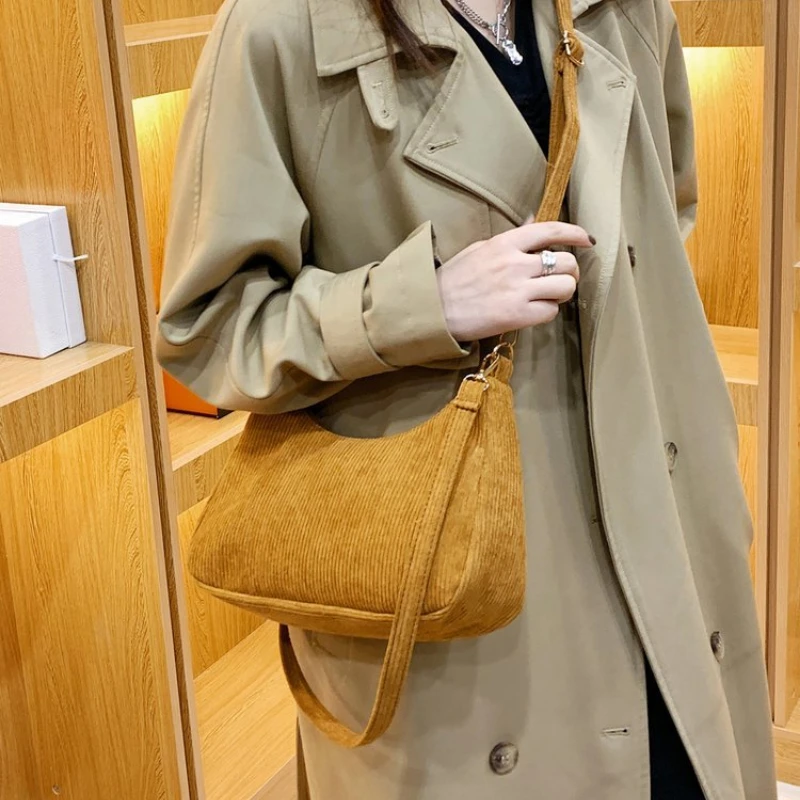 Women Shoulder Bag Solid Color Luxury Designer Handbag Casual Crossbody Bags for Women Corduroy Zipper Messenger Bag 2023 New