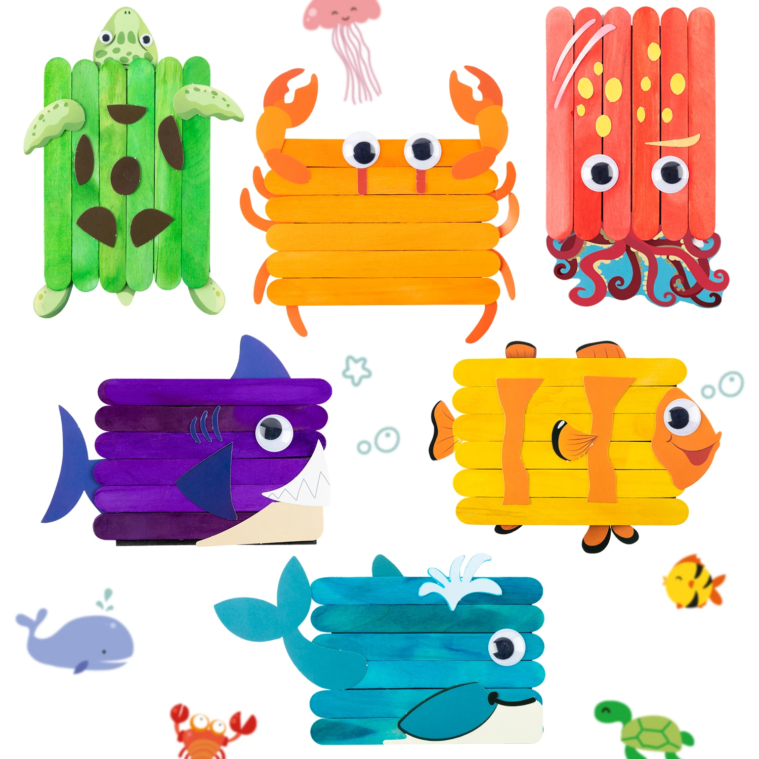 DIY Ocean Animal Stick Crafts Kit for School Handmade Family Game with Sticks Tapes for Back to School Party Pendants