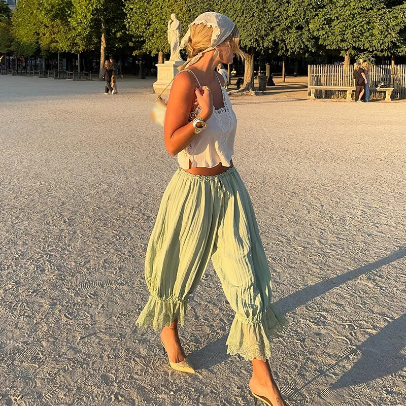 ﻿   كشكش الدانتيل تقليم السراويل تحت اللباس ﻿   سروال طويل ريترو للمرأة 2025 ربيع أحدث ملابس منزلية مريحة للاستخدام الداخلي