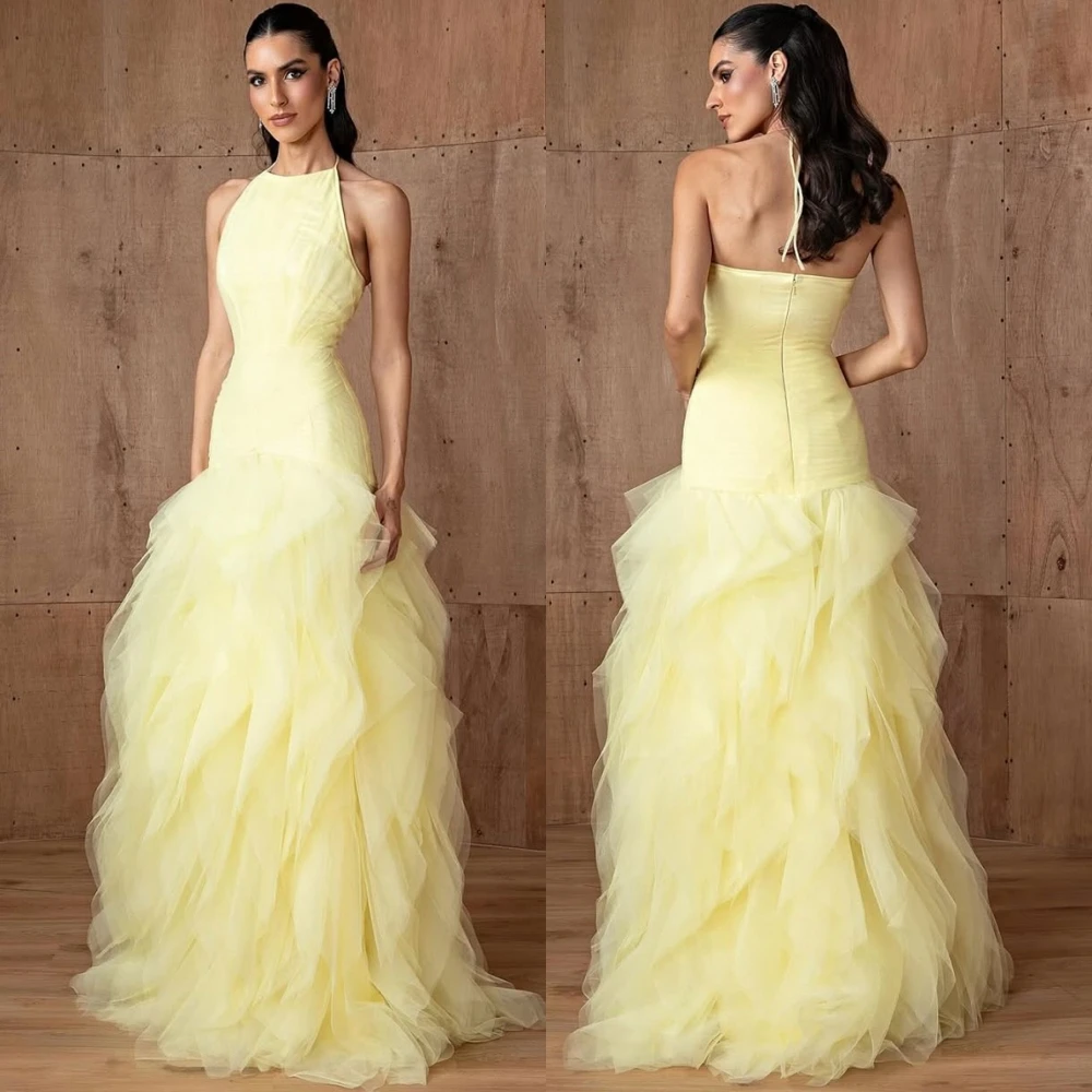 Customized Luxury Tulle Evening Dress Delicate Sleeveless Halter Prom Dresses Temperament Tiered Special Occasion Gowns